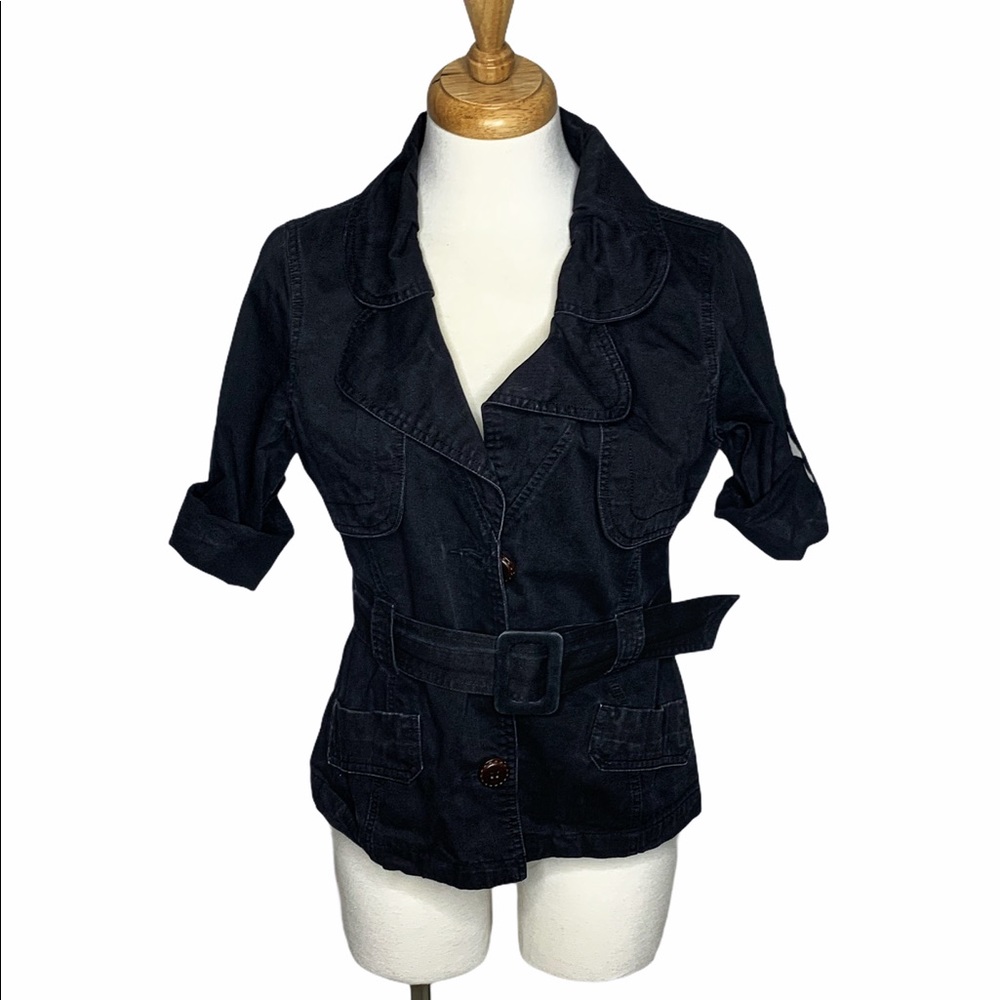 Folded and Hung Black Belted Denim Jacket
